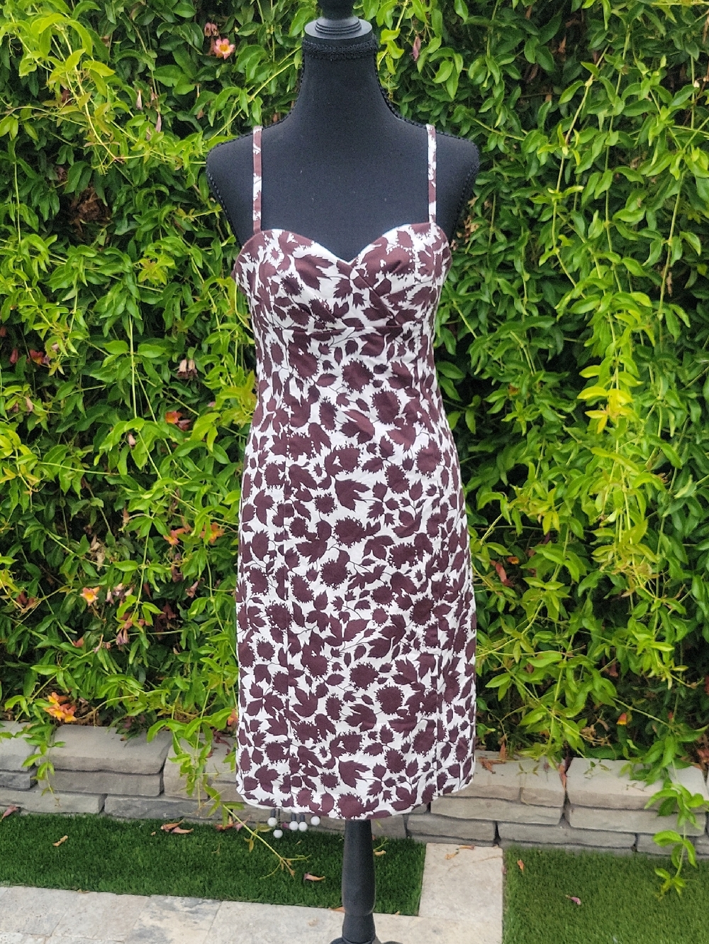 Donna Ricco Brown and White Leaf Pattern Bodycon Midi Dress 8